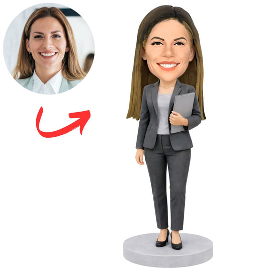 Grey Suit Business Woman Custom Bobbleheads