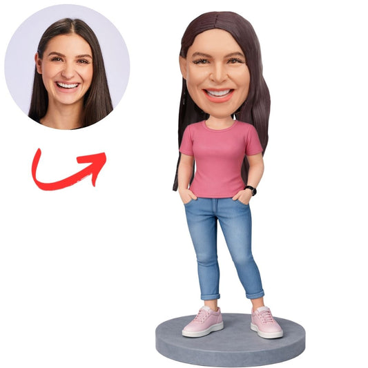 Woman in T-Shirt & Jeans Custom Bobbleheads