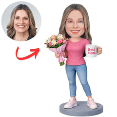 Best Mom with Flowers & Coffee Mug Custom Bobbleheads