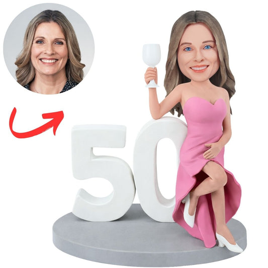 50th Woman with Wine Glass Custom Bobbleheads