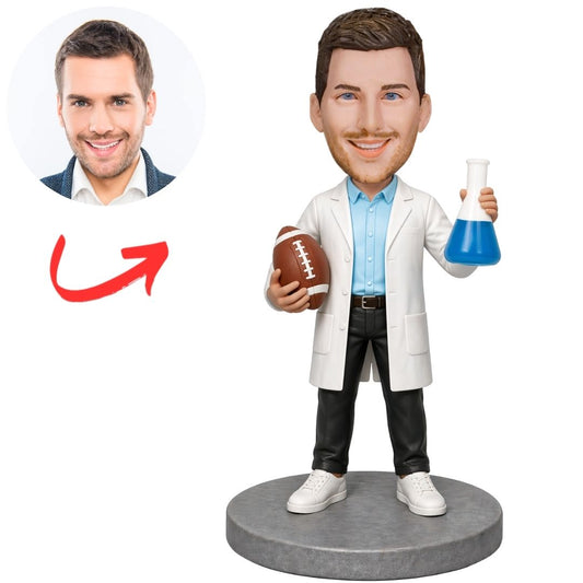 Man in Lab Holding Beaker and Football Custom Bobbleheads
