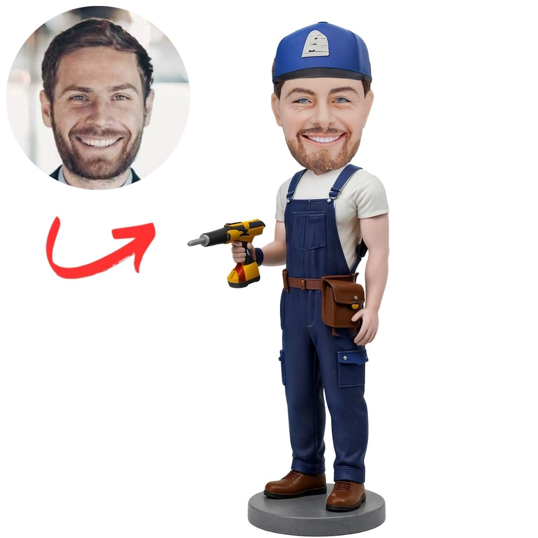 Handyman Carpenter Holding Drill Custom Bobbleheads