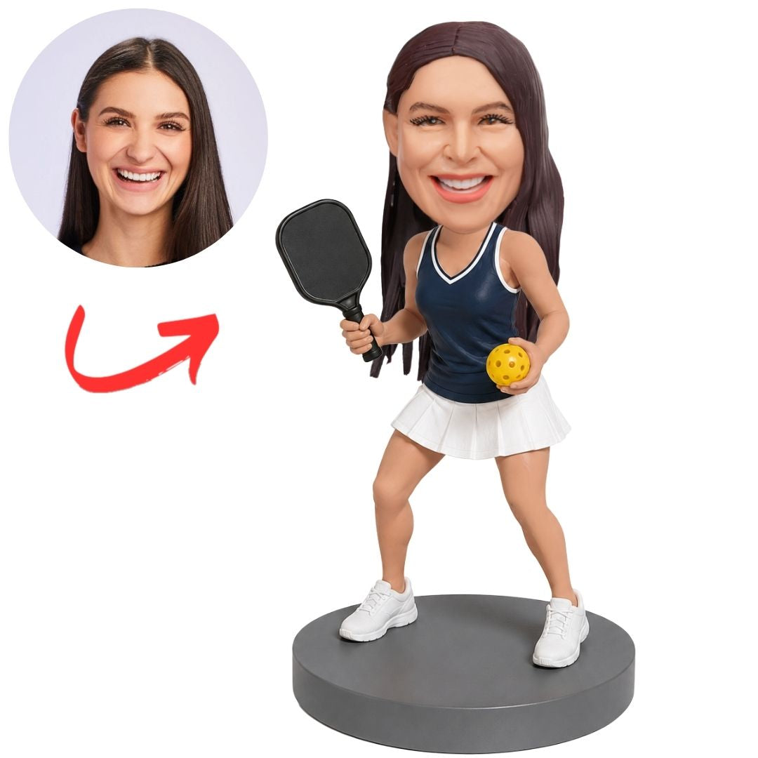 Female Pickleball Player Holding Paddle and Ball Custom Bobbleheads