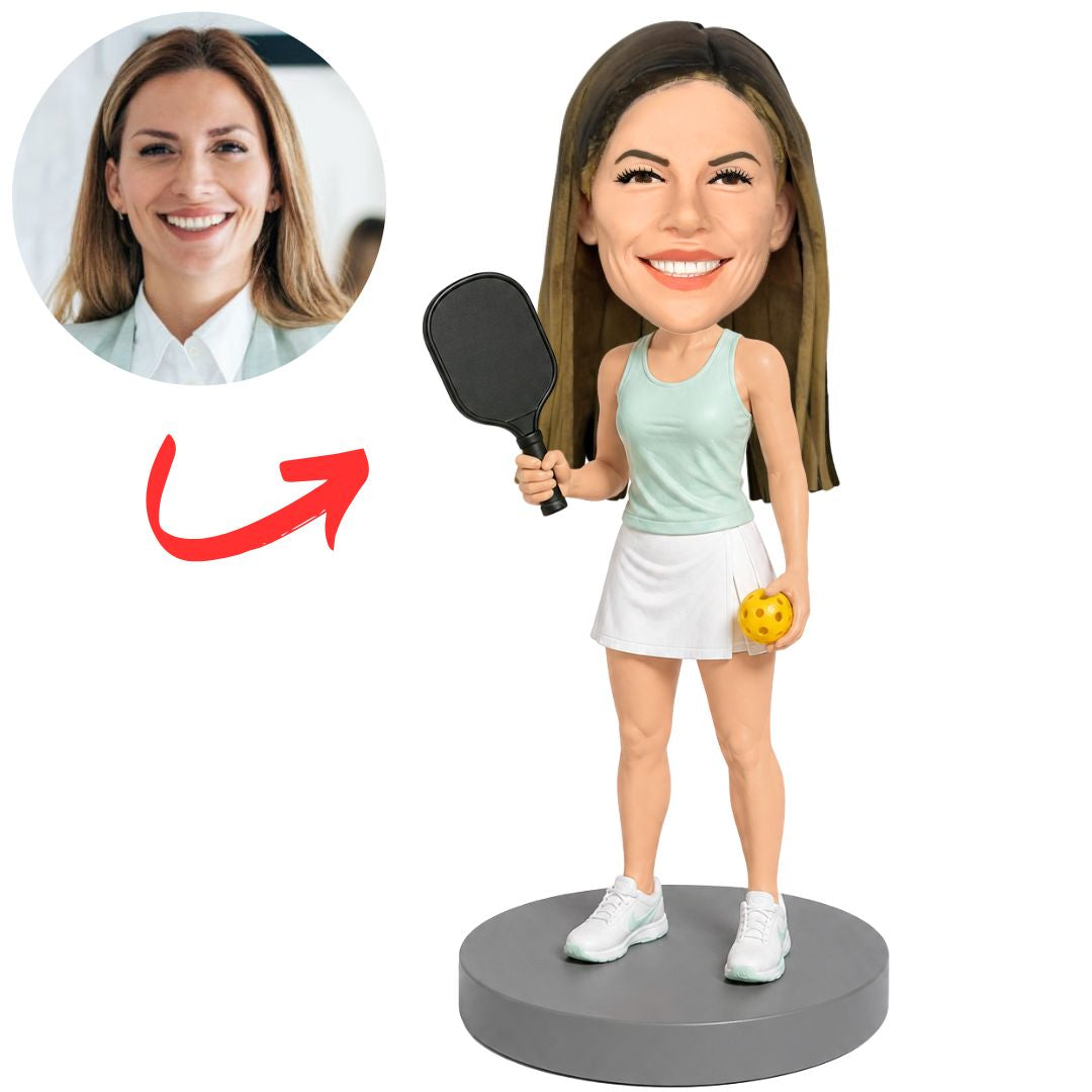 Female Pickleball Player in White Skirt Custom Bobbleheads