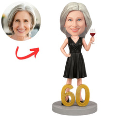 60th Birthday Woman in Black Dress Holding Wine Glass Custom Bobbleheads