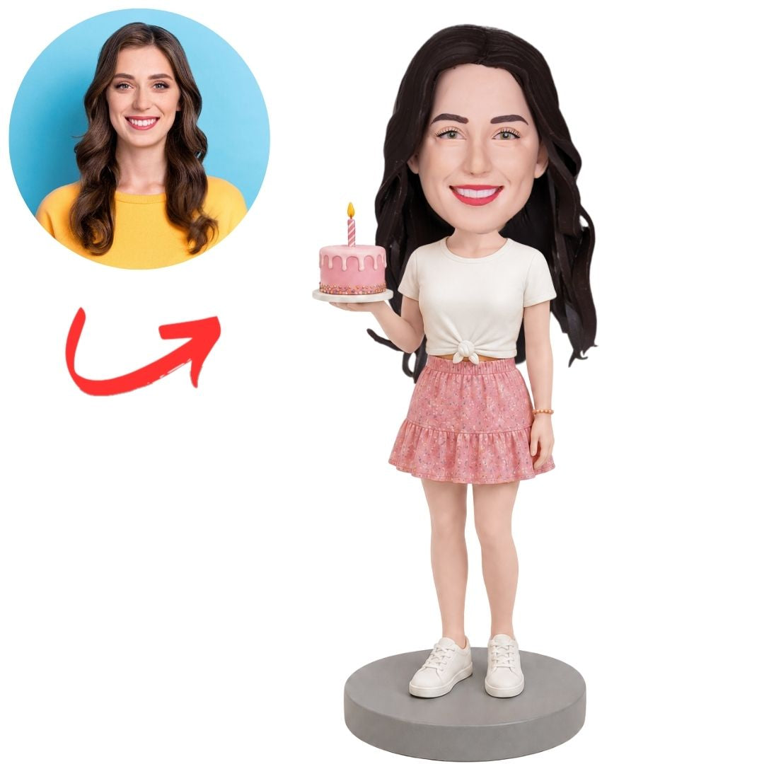 Female Holding Pink Birthday Cake Custom Bobbleheads