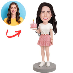 Female Holding Pink Birthday Cake Custom Bobbleheads