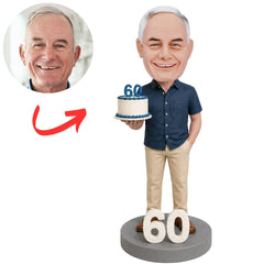 60th Birthday Man Holding Birthday Cake Custom Bobbleheads
