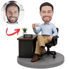 Retired Man Sitting at Office Desk Custom Bobbleheads