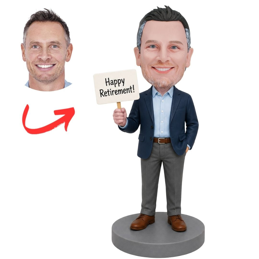Male Retirement Holding Happy Retirement Sign Custom Bobbleheads