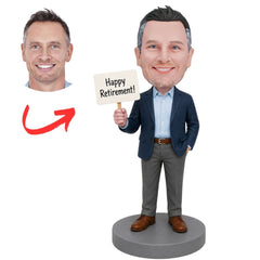 Male Retirement Holding Happy Retirement Sign Custom Bobbleheads