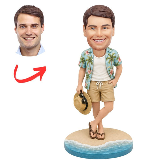 Hawaiian Shirt Man Holding Sun Hat and Sunglasse Custom Bobbleheads