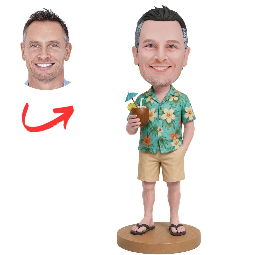 Man in Hawaiian Shirt Holding Coconut Drink Custom Bobbleheads