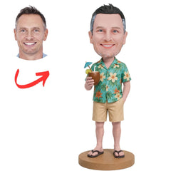 Man in Hawaiian Shirt Holding Coconut Drink Custom Bobbleheads