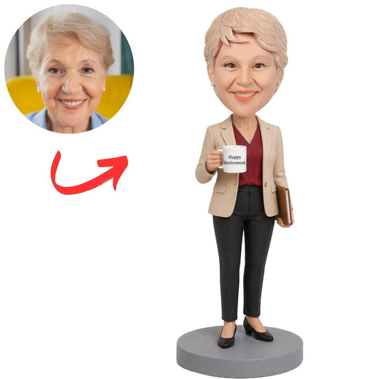 Female Retirement Holding Happy Retirement Mug Custom Bobbleheads
