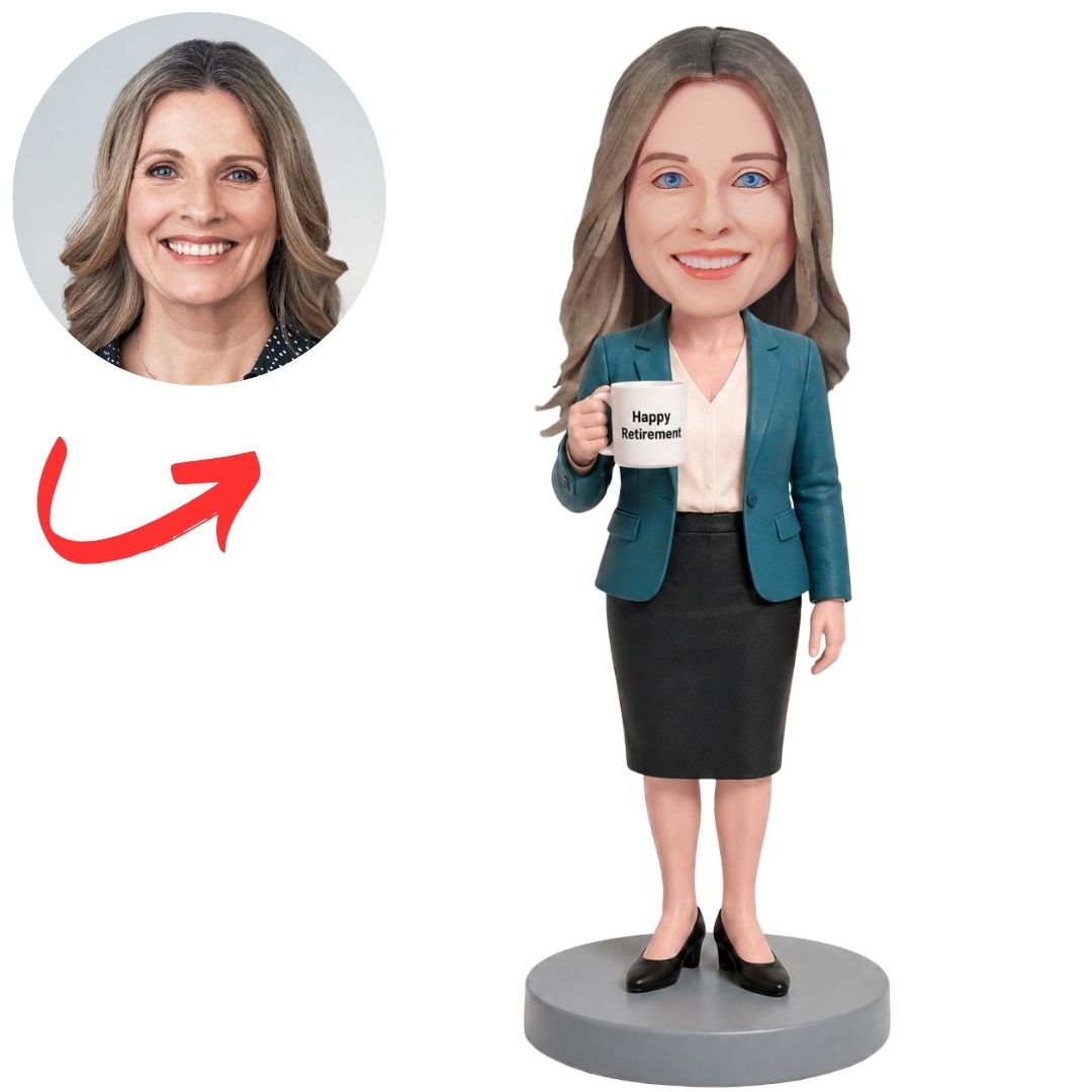 Retirement Woman in Teal Blazer Custom Bobbleheads