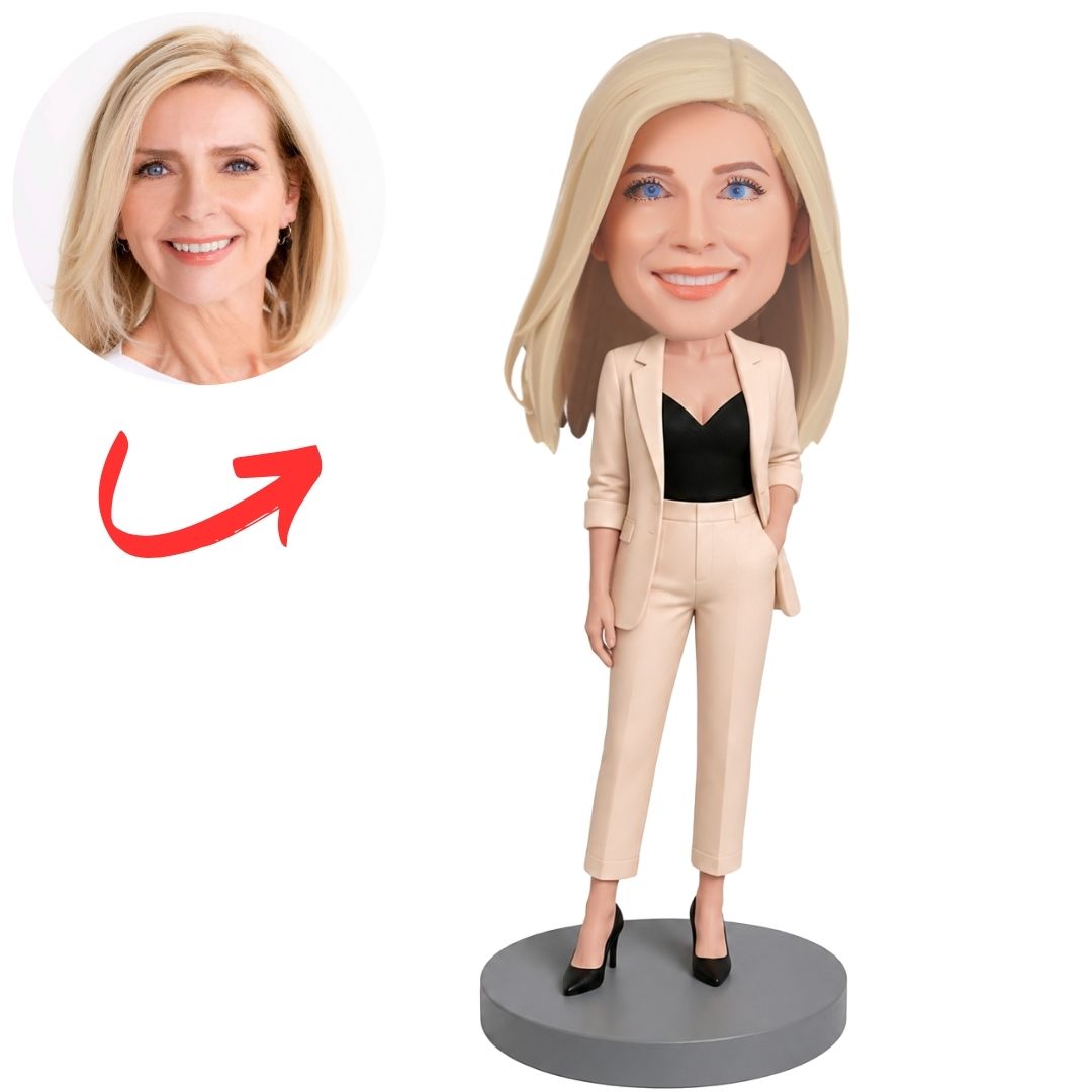 Actress in Cream Suit with Black Top and Hand in Pocket Custom Bobblehead