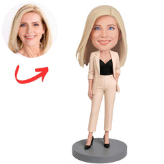 Actress in Cream Suit with Black Top and Hand in Pocket Custom Bobblehead