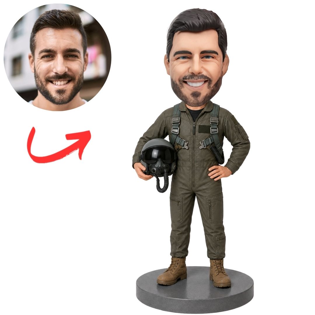 Air Force Pilot in Flight Suit Holding Helmet Custom Bobblehead