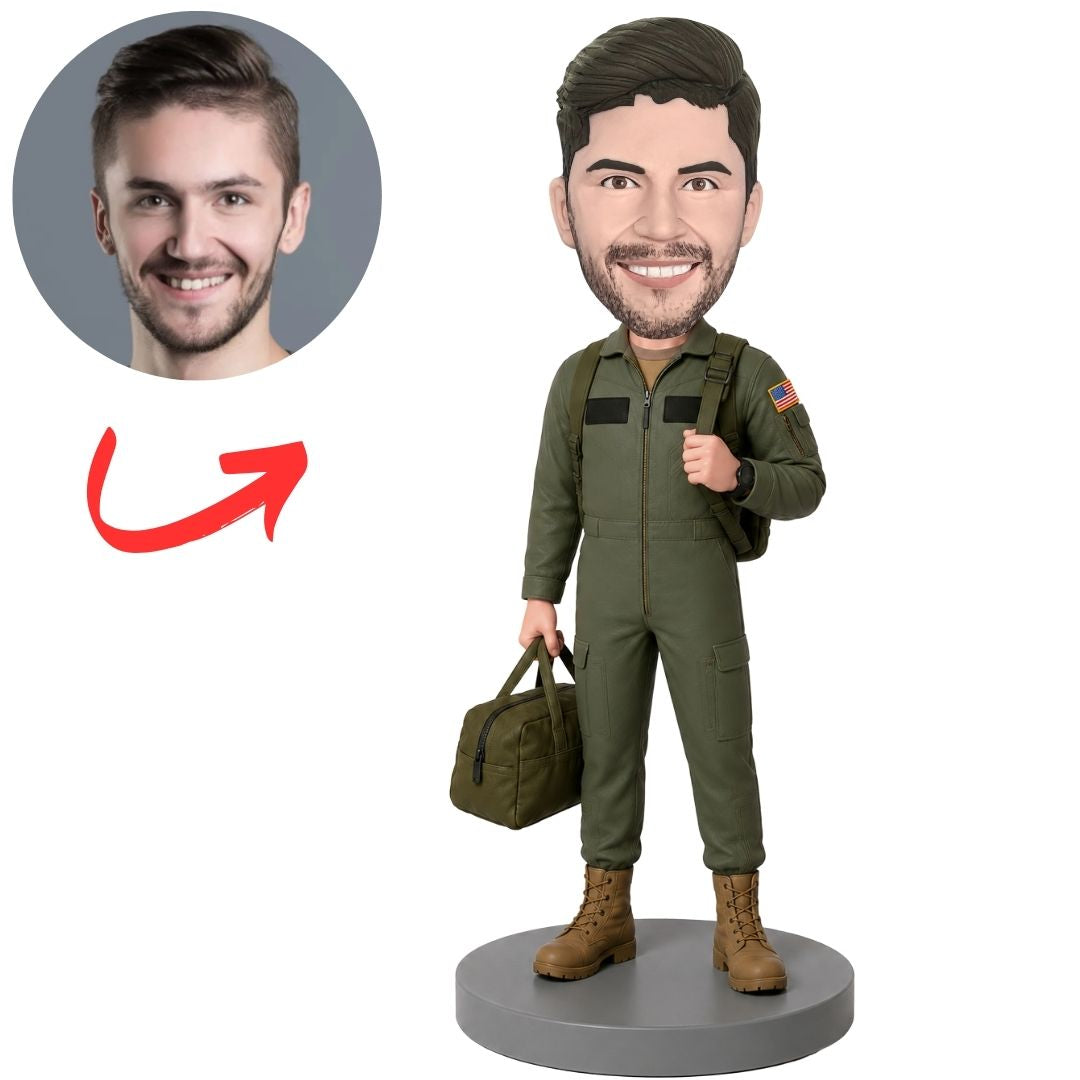 Air Force Traveler in Flight Suit with Backpack and Duffel Bag Custom Bobblehead
