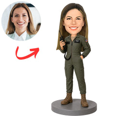 Female Air Force Pilot in Green Flight Suit Holding Walkie Talkie Custom Bobblehead