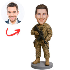 American Soldier in Camouflage Uniform Holding Rifle Custom Bobblehead