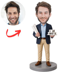 Architect in Blazer Holding Plans and Building Model Custom Bobblehead