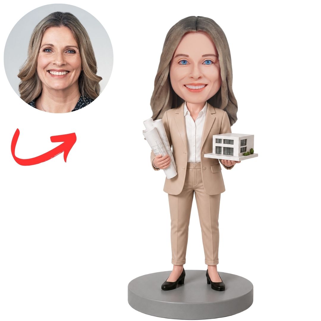 Architect in Beige Suit Holding Plans and House Model Custom Bobblehead
