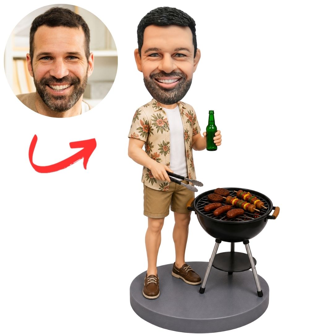 BBQ Grill Master in Floral Shirt Holding Beer Custom Bobblehead