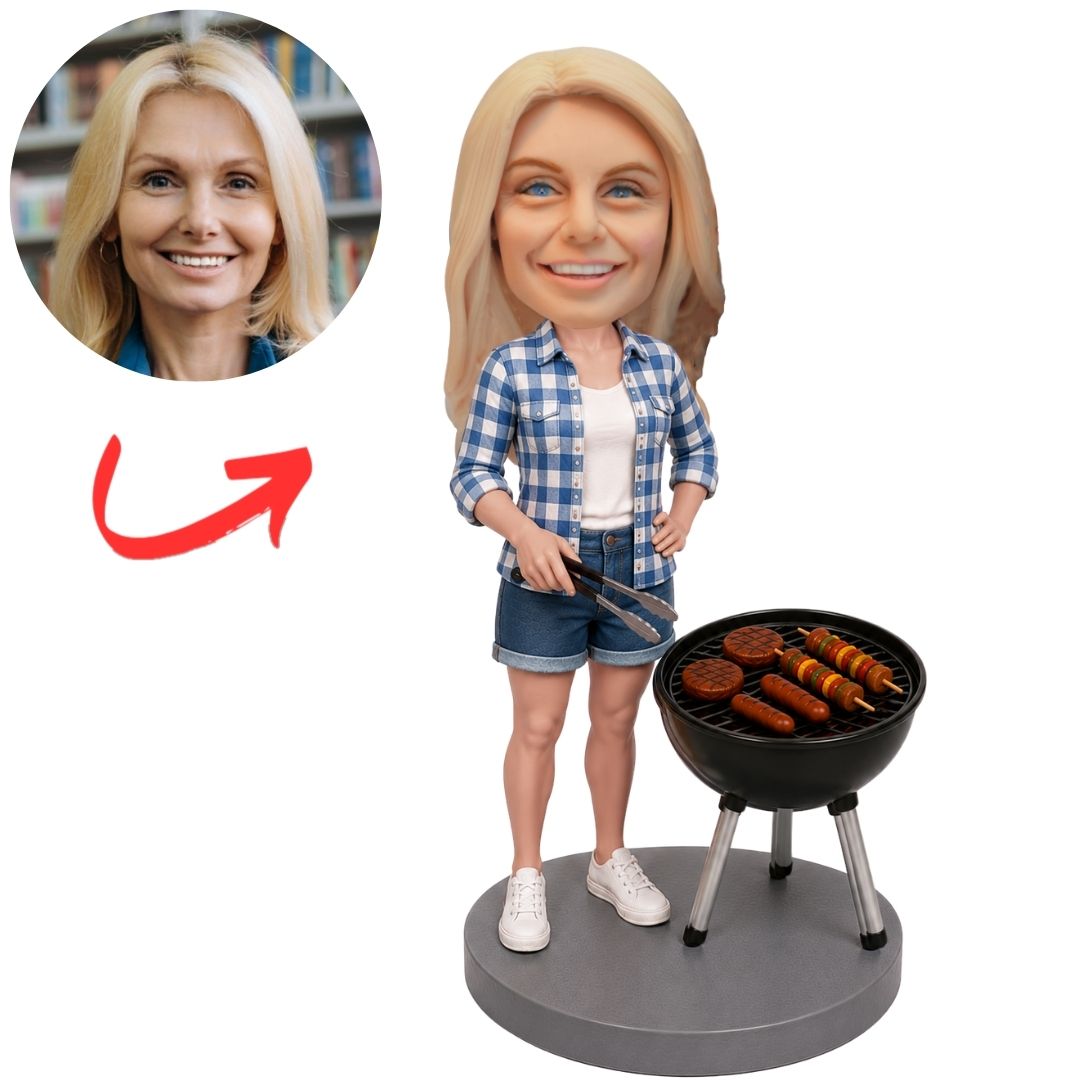 BBQ Woman in Blue Plaid Shirt at Grill Custom Bobblehead