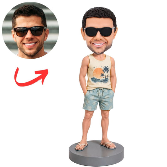 Beach Bum in Sunglasses and Palm Tree Tank Top Custom Bobblehead