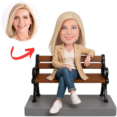 Woman Sitting on Park Bench in Beige Outfit Custom Bobblehead