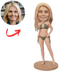 Woman in Green Bikini on Sandy Base Custom Bobblehead