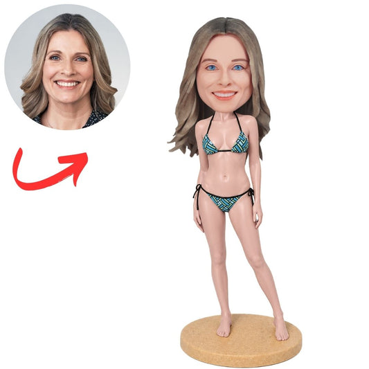 Woman in Teal Bikini on Sandy Base Custom Bobblehead