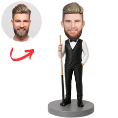 Billiards Player in Vest Holding Pool Cue Custom Bobblehead