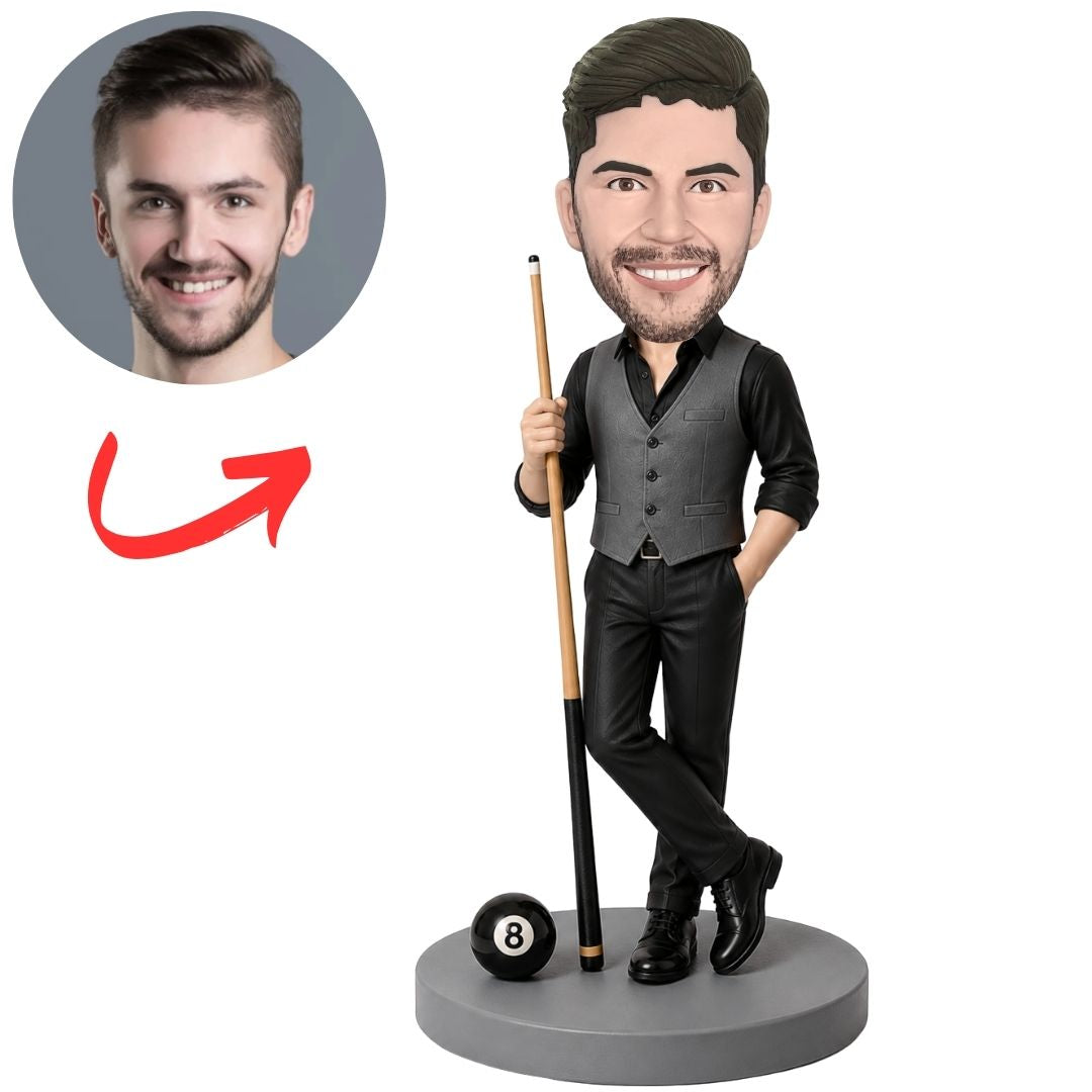 Billiards Player with Cue and Eight Ball Custom Bobblehead