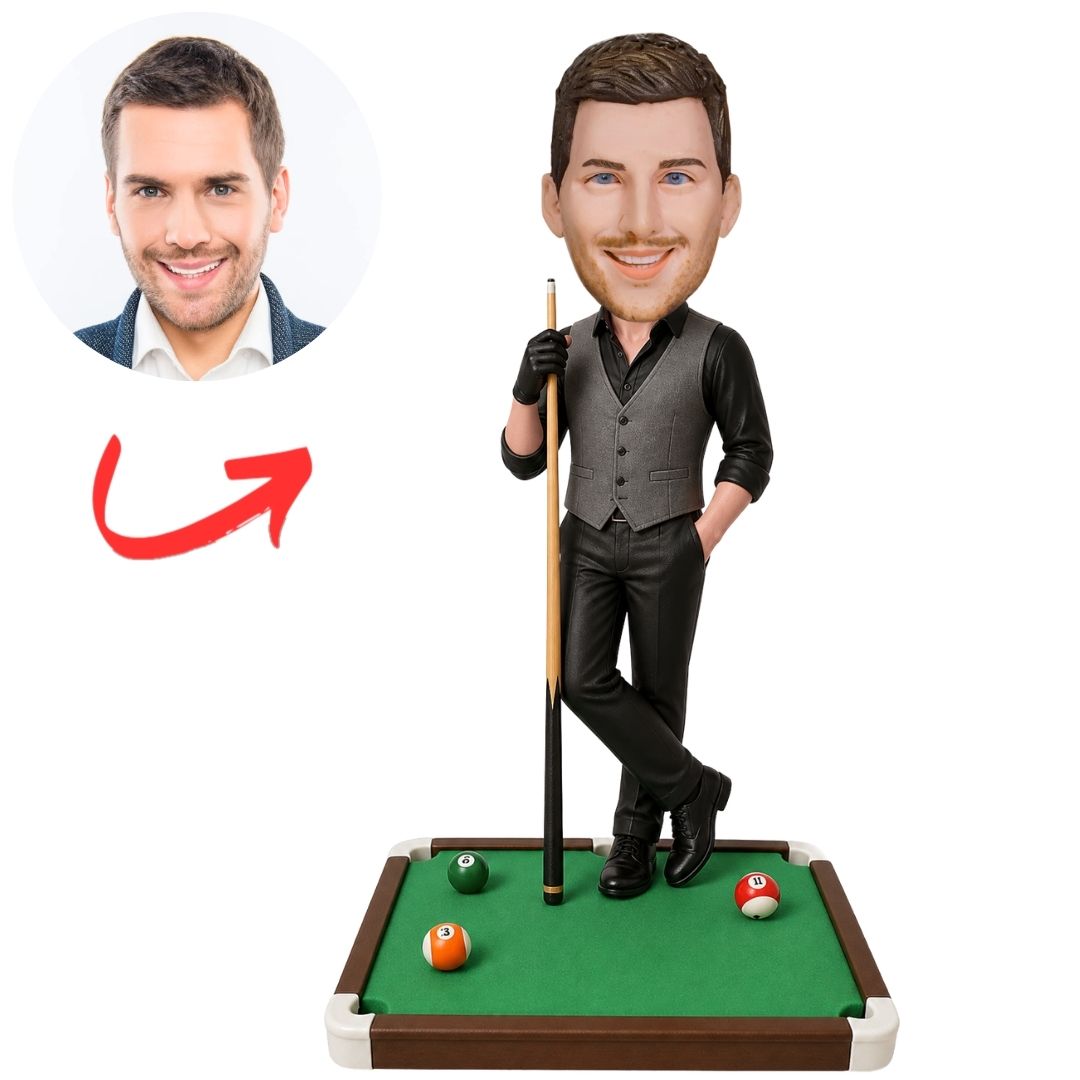 Billiards Player Leaning on Pool Table Custom Bobblehead