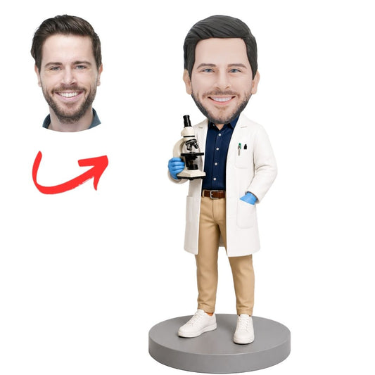 Biologist in Lab Coat Holding Flask Custom Bobblehead