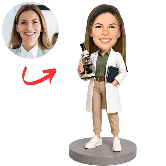 Female Biologist with Microscope and Flask Custom Bobblehead