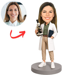 Female Biologist with Microscope and Flask Custom Bobblehead