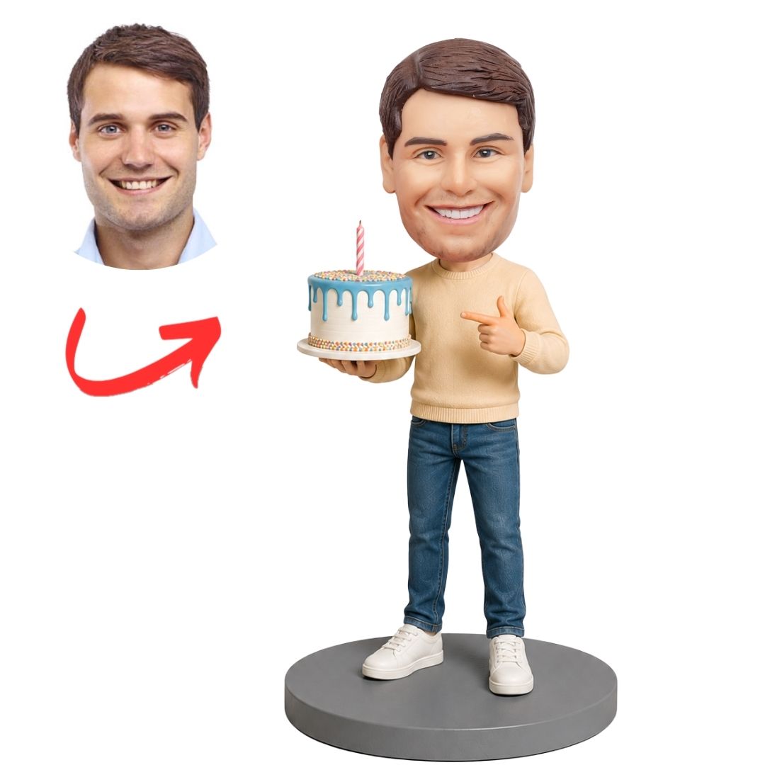 Birthday Man Holding Blue Cake with Thumbs Up Custom Bobblehead