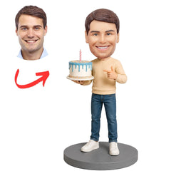 Birthday Man Holding Blue Cake with Thumbs Up Custom Bobblehead