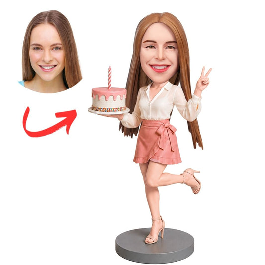 Birthday Woman Holding Cake and Peace Sign Custom Bobblehead