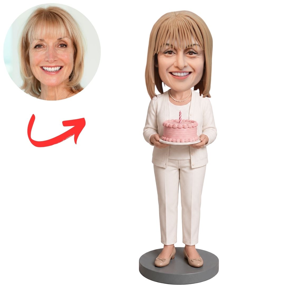 Birthday Woman in White Outfit Holding Pink Cake Custom Bobblehead