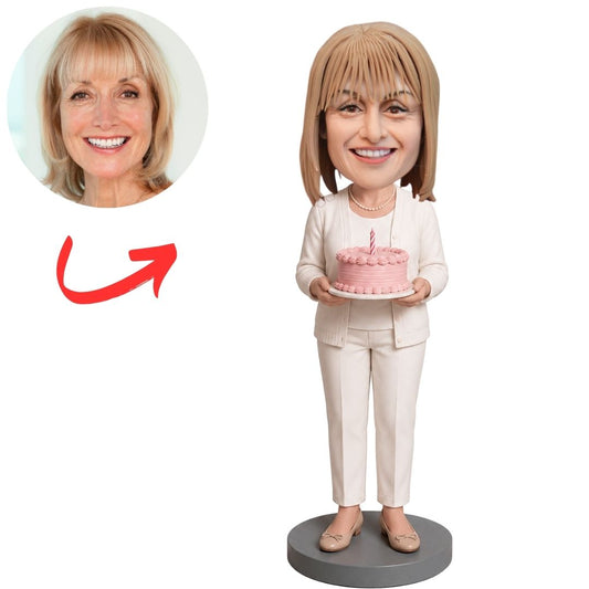 Birthday Woman in White Outfit Holding Pink Cake Custom Bobblehead