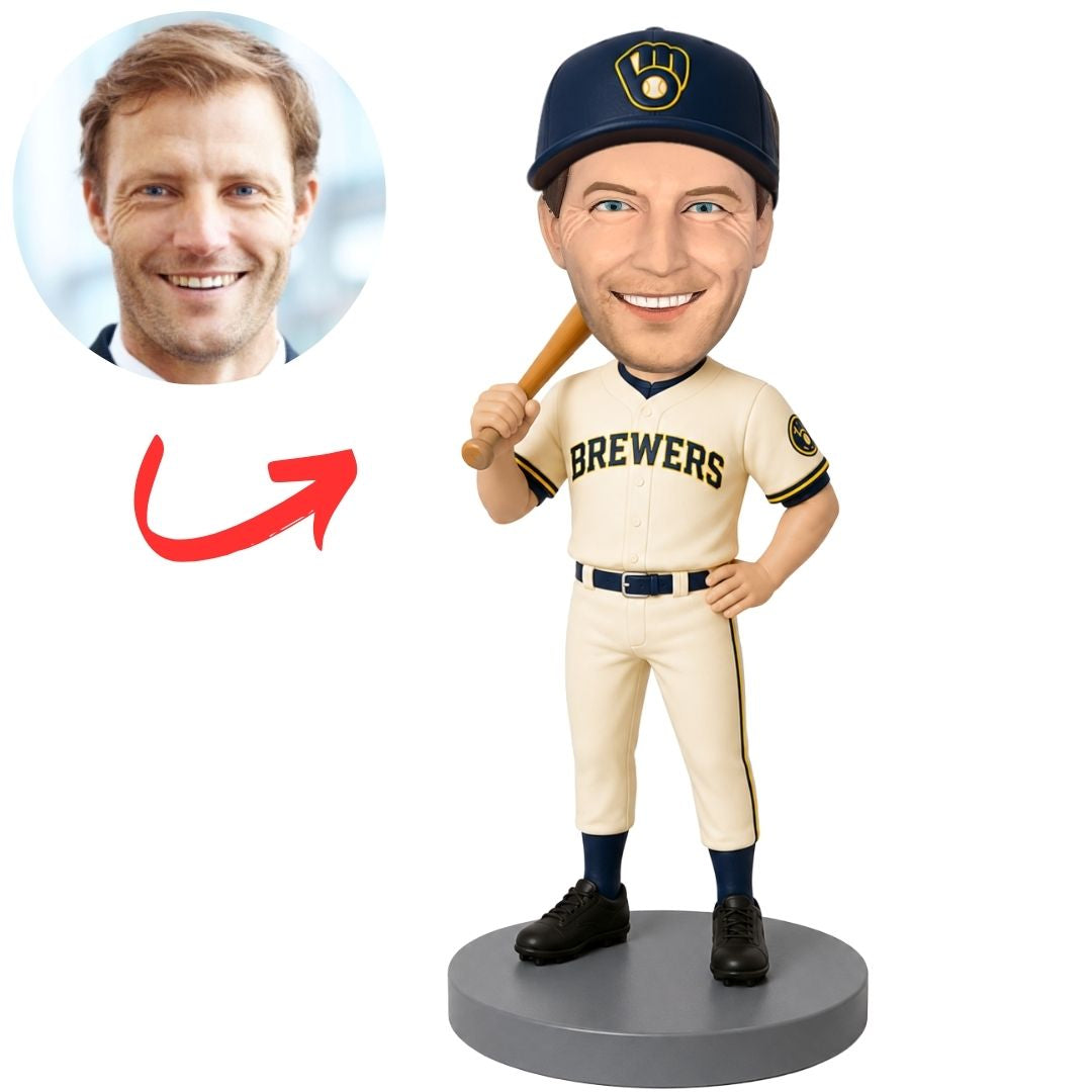 Brewers Baseball Player Standing with Bat Custom Bobblehead