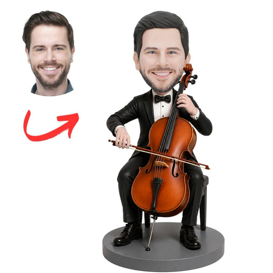 Cellist in Black Suit Playing Cello Custom Bobblehead