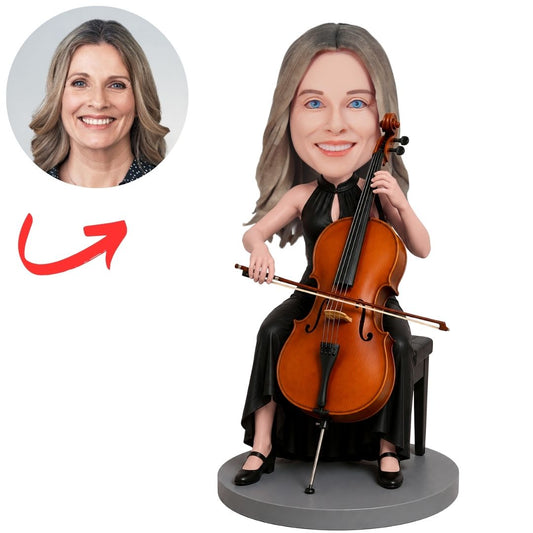 Woman Cellist in Black Dress Playing Cello Custom Bobblehead