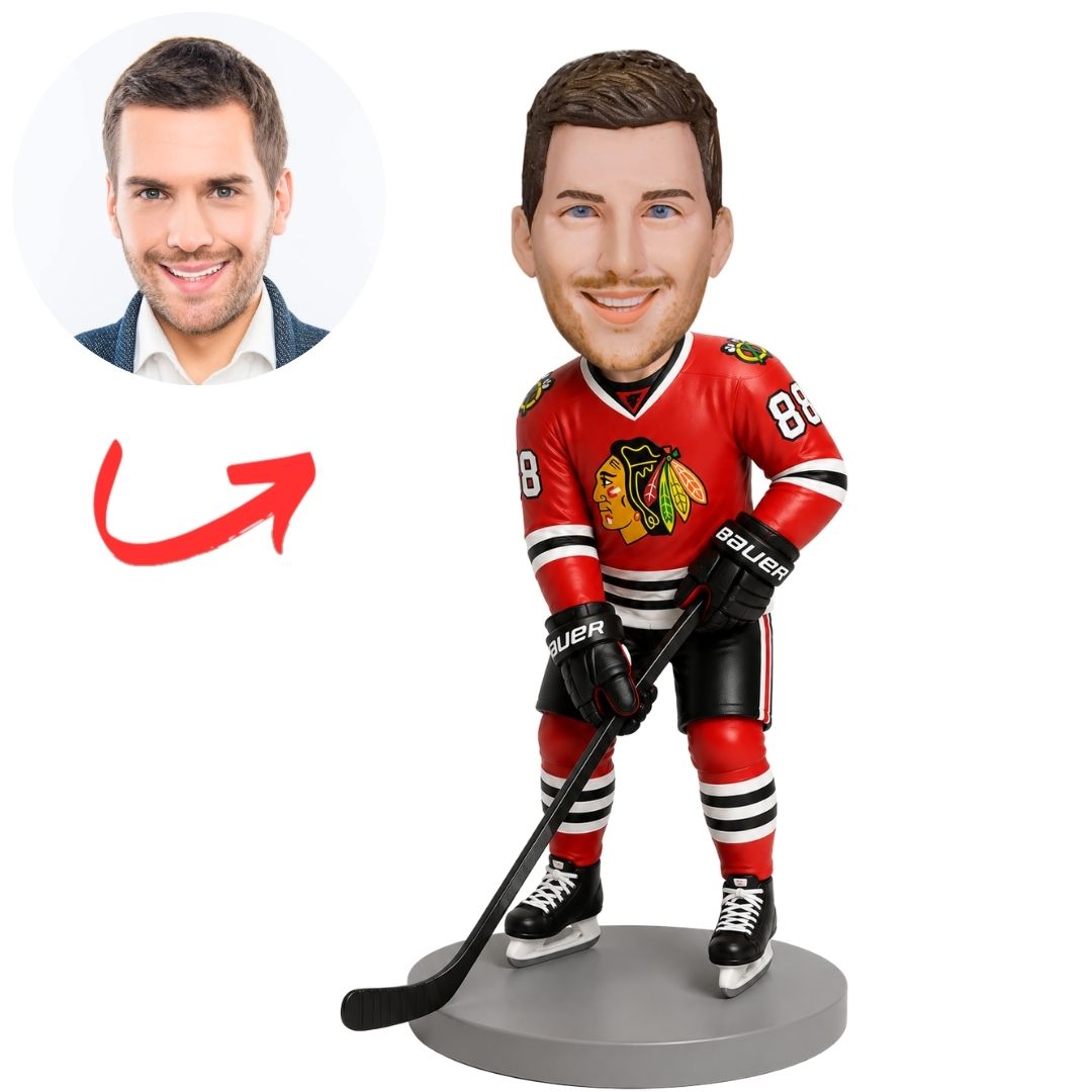 Chicago Hockey Player in Red Uniform with Stick Custom Bobblehead