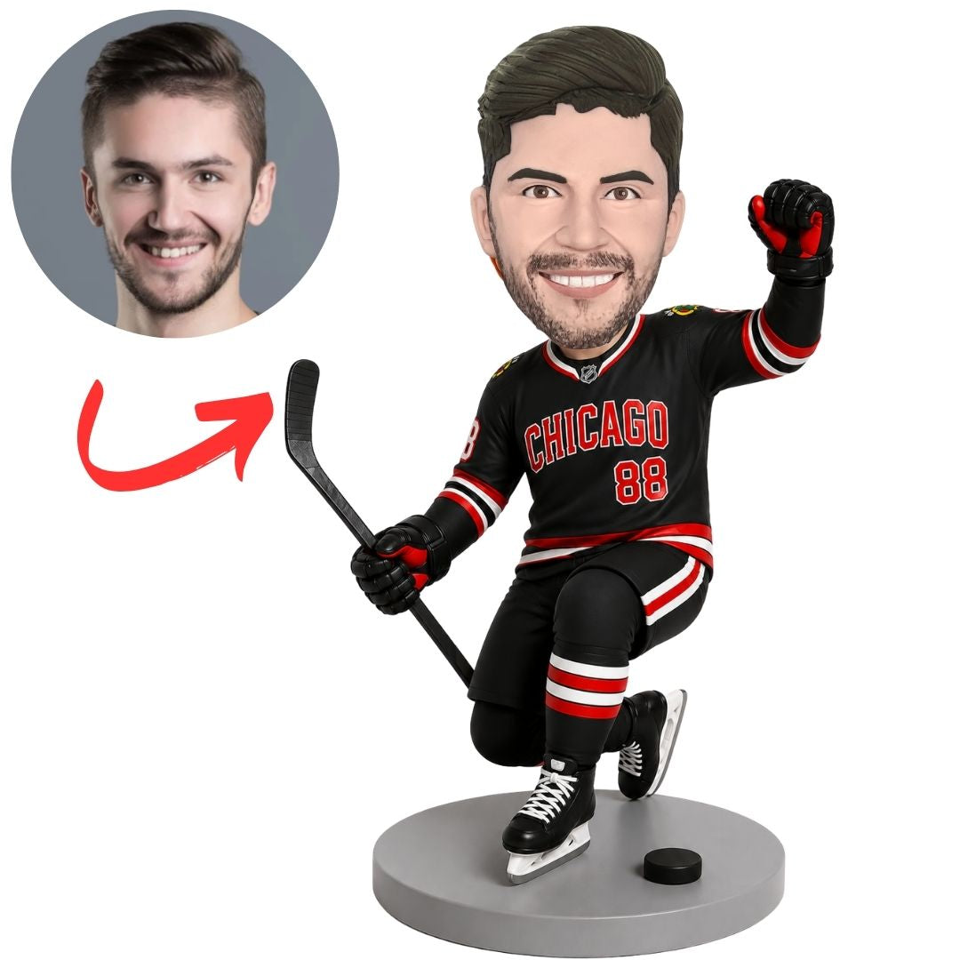 Chicago Hockey Player Kneeling in Black Uniform Custom Bobblehead